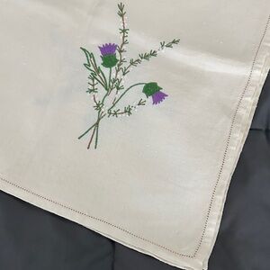 Embroidered Cream Floral Linen Tablecloth - Scottish Thistle